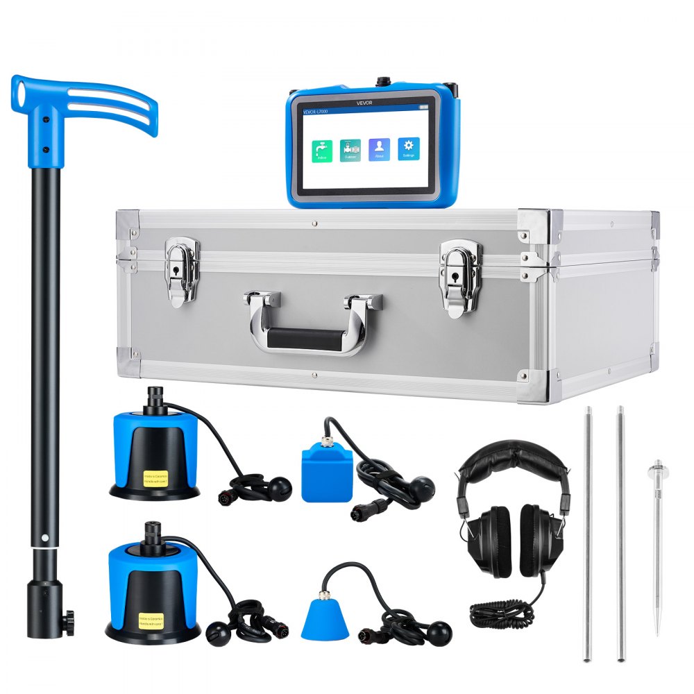 VEVOR Detector de Fugas de Agua de Tuberías, 4 Sensores, 1–10 000 Hz, Pantalla Táctil 17,78 cm, con 3 Varillas de Escucha, Auriculares, Tarjeta 8 GB y Estuche de Transporte, Profundidad 0,5–5 m