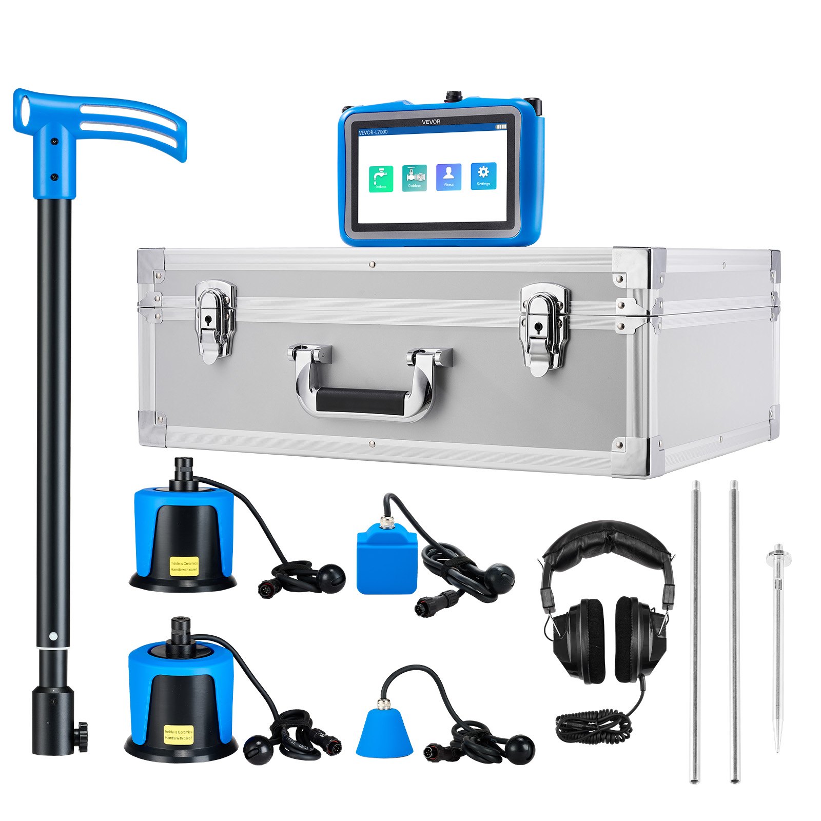 VEVOR Detector de Fugas de Agua de Tuberías, 4 Sensores, 1–10 000 Hz, Pantalla Táctil 17,78 cm, con 3 Varillas de Escucha, Auriculares, Tarjeta 8 GB y Estuche de Transporte, Profundidad 0,5–5 m