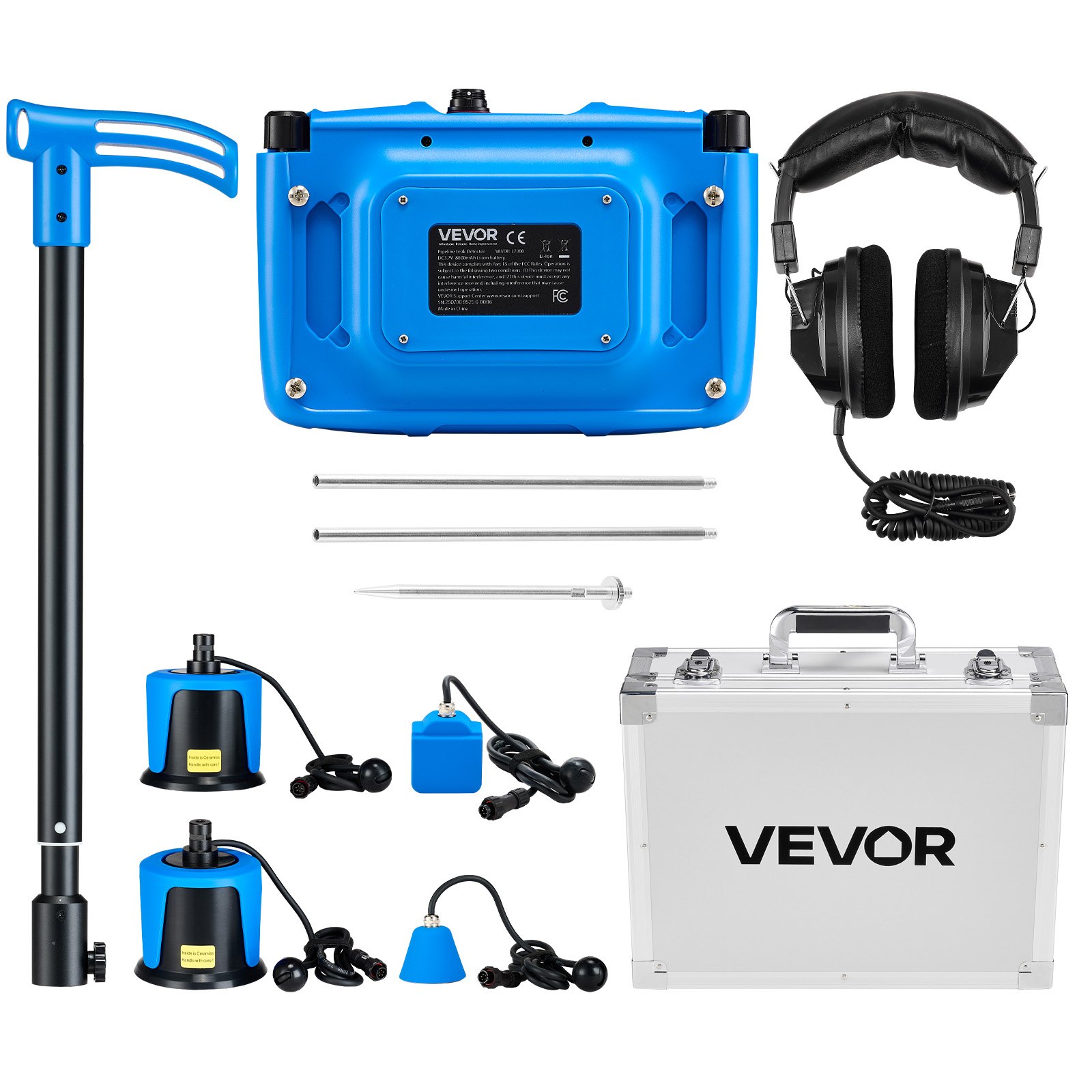 VEVOR Detector de Fugas de Agua de Tuberías, 4 Sensores, 1–10 000 Hz, Pantalla Táctil 17,78 cm, con 3 Varillas de Escucha, Auriculares, Tarjeta 8 GB y Estuche de Transporte, Profundidad 0,5–5 m