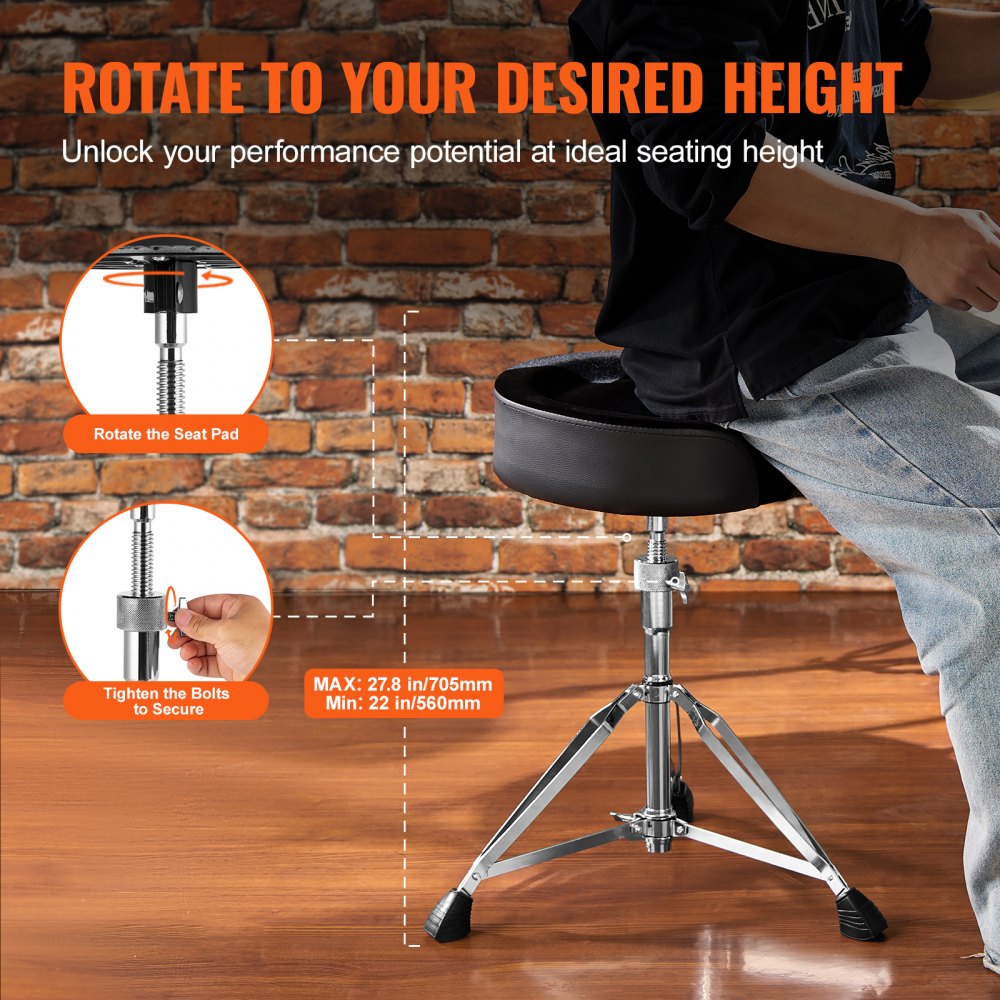 VEVOR Silla de Tambor con Silla de Montar, 560-705 mm de Altura Ajustable, Asiento Acolchado para Tambor con Pies Antideslizantes, Baquetas 5A, Capacidad Máxima de Peso de 227 kg, Giratoria de 360°