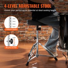 VEVOR Trono de Tambor, 490-585 mm, Altura Ajustable, Asiento Acolchado para Tambor con Pies Antideslizantes, Baquetas 5A, Capacidad Máxima de Peso de 150 kg, Silla de Tambor Giratoria de 360°