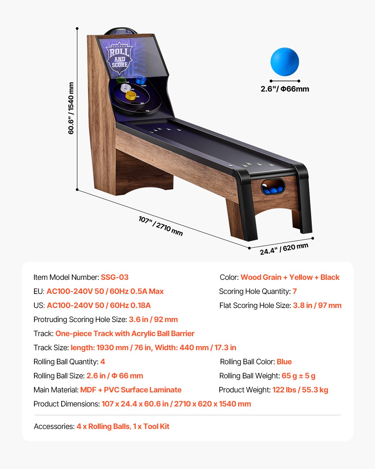 VEVOR Mesa de Juego Arcade Clásica, con Marcador Electrónico LED, Sonido, Retorno Automático de Bolas para Sala de Juegos Recreativa para Adultos y Niños, 4 Bolas Incluidas, 2710 x 620 x 1540 mm