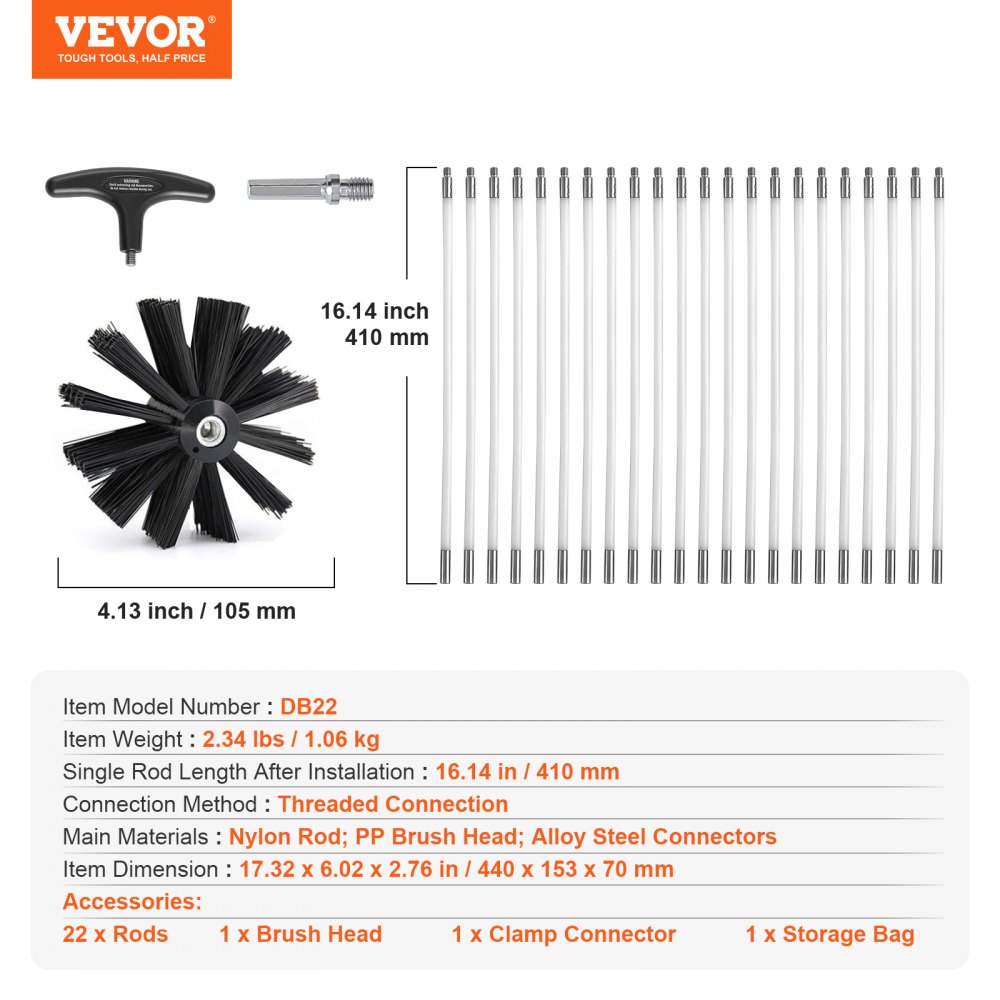 VEVOR Kit de Deshollinador de Chimenea Estufa 9,1 m Cepillo de Limpieza de Ventilación 22 PCS Limpieza de Tuberías Varilla de Nailon Cabezal de Cepillo de Polipropileno Conectores de Acero de Aleación