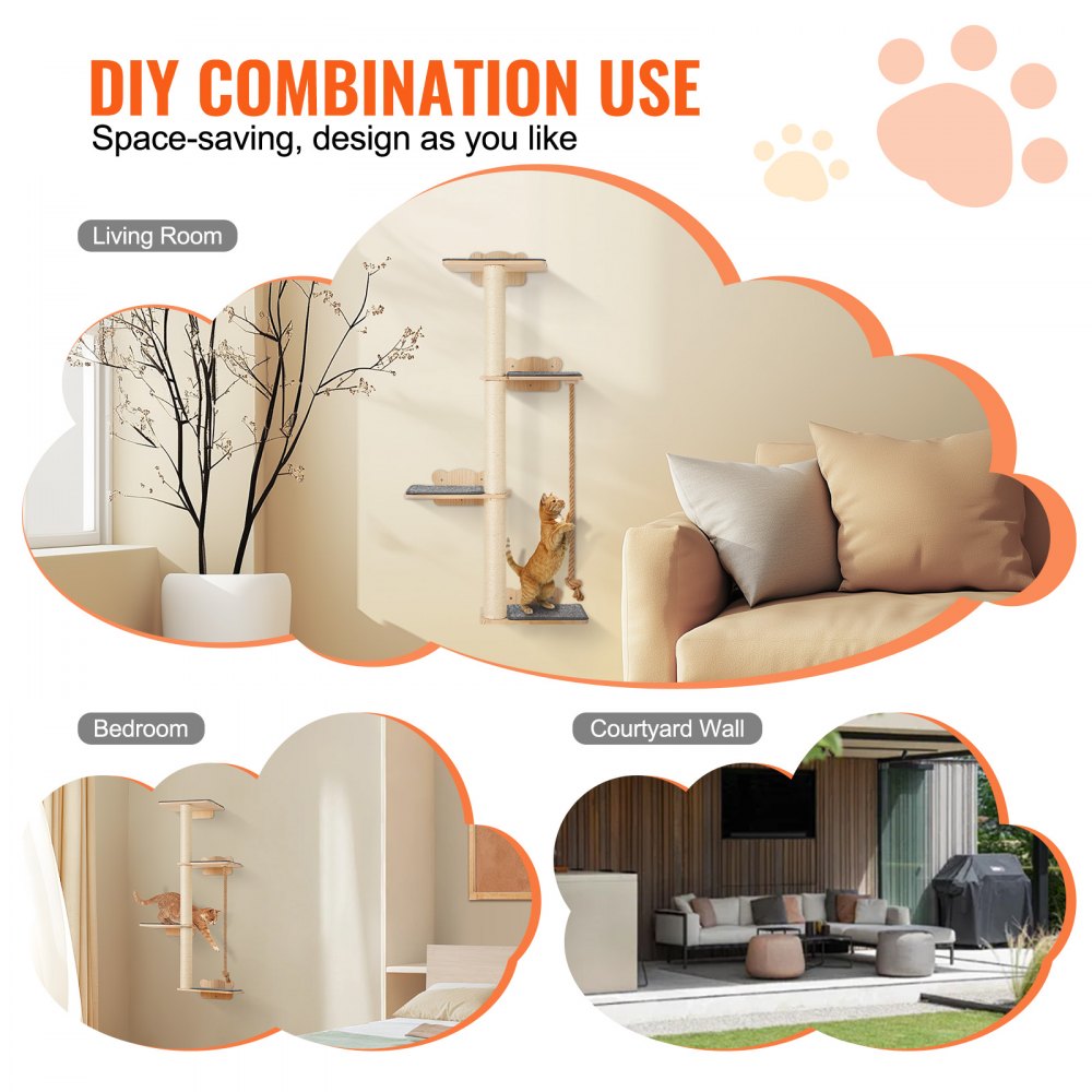 VEVOR Árbol para gatos alto de 4 niveles, juego de muebles de pared para gatos con 4 tablas para saltar, estante flotante para gatos montado en la pared de hasta 40 libras, percha para gatos de madera de pino de 12 mm para dormir, jugar y trepar