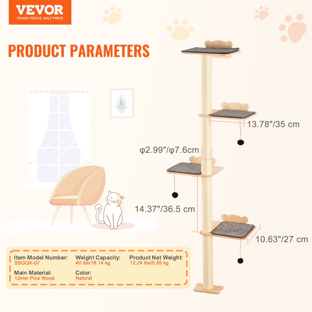 VEVOR 4-Level Cat Tree, Wall Furniture Set for Cats with 4 Jumping Platforms, Wall-Mounted Floating Cat Shelf up to 18 kg, 12 mm Pine Wood Cat Perch for Sleeping, Playing and Climbing
