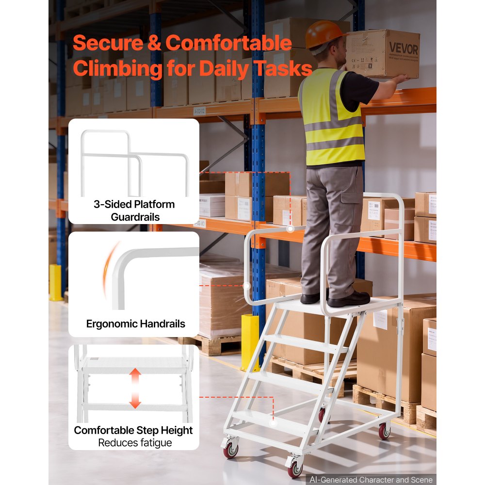 VEVOR 4-Step Rolling Warehouse Ladder, Industrial Alloy Steel Mobile Step Stair, with Handrails, Non-Slip Steps & Locking Wheels, 400KG Capacity Heavy Duty Platform Ladder for Garage Library Factory