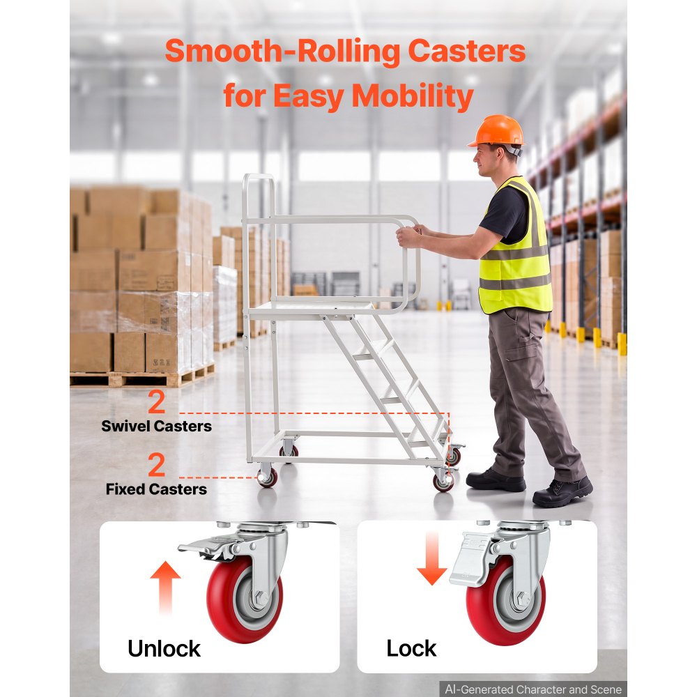 VEVOR 4-Step Rolling Warehouse Ladder, Industrial Alloy Steel Mobile Step Stair, with Handrails, Non-Slip Steps & Locking Wheels, 400KG Capacity Heavy Duty Platform Ladder for Garage Library Factory