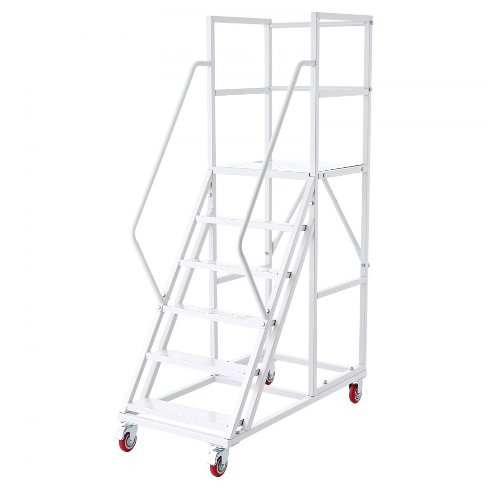 VEVOR 6-Step Rolling Warehouse Ladder, Industrial Alloy Steel Mobile Step Stair, with Handrails, Non-Slip Steps & Locking Wheels, 500KG Capacity Heavy Duty Platform Ladder for Garage Library Factory