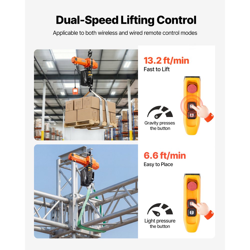 VEVOR Polipasto Eléctrico de Cadena Carga 1000 kg 230 V Doble Cadenas Altura de Elevación de 3 m, 2 Velocidades 4 m/min y 2 m/min con Control Inalámbrico y Cableado para Taller Garaje Reparación Motor