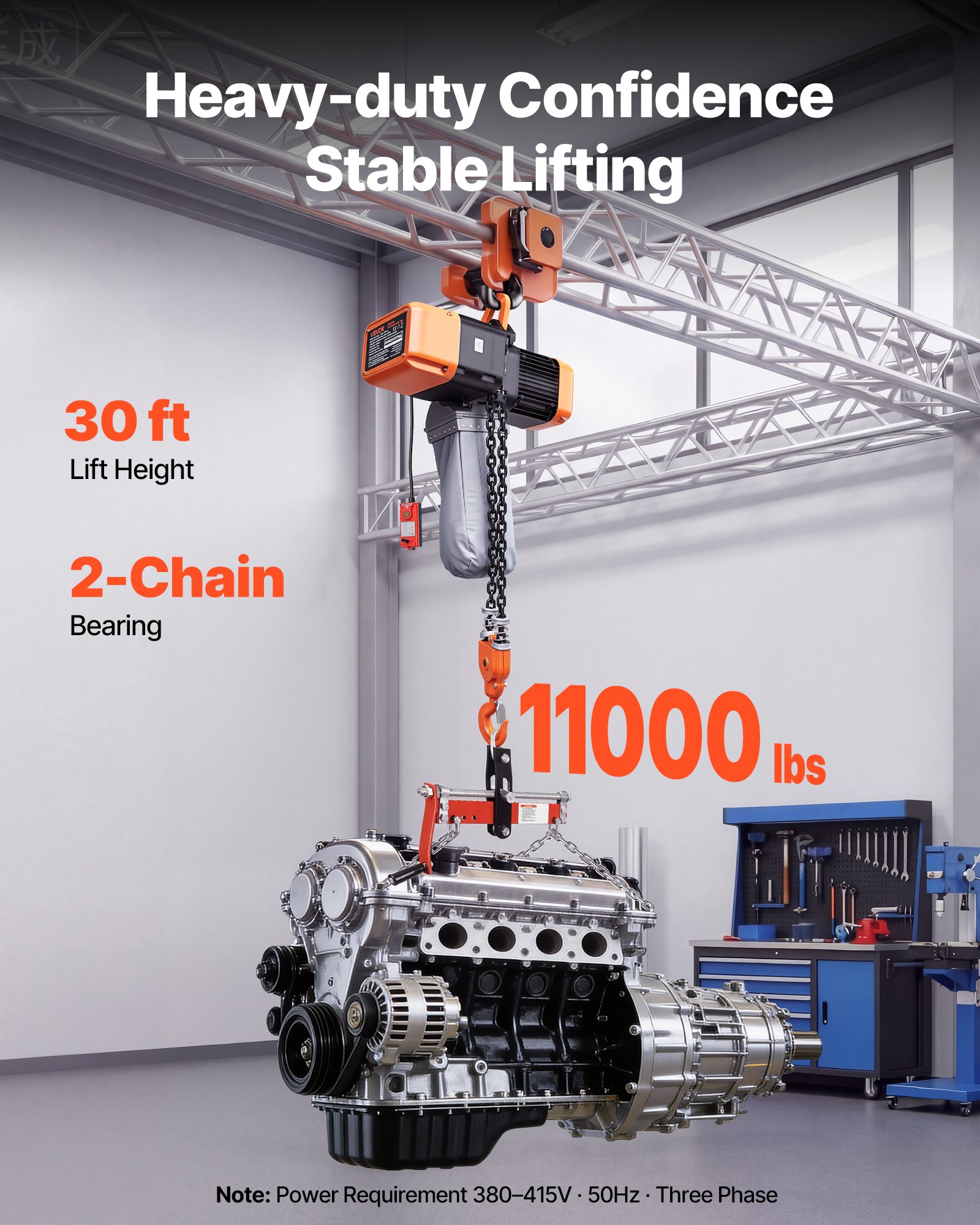 VEVOR Polipasto Eléctrico de Cadena Carga 5000 kg, Elevación de 9,1 m, Trifásico 380-415 V, 50Hz, Doble Velocidad 1,1 y 3,3 m/min, Control Remoto por Cable e Inalámbrico, G100 para Taller Garaje Motor