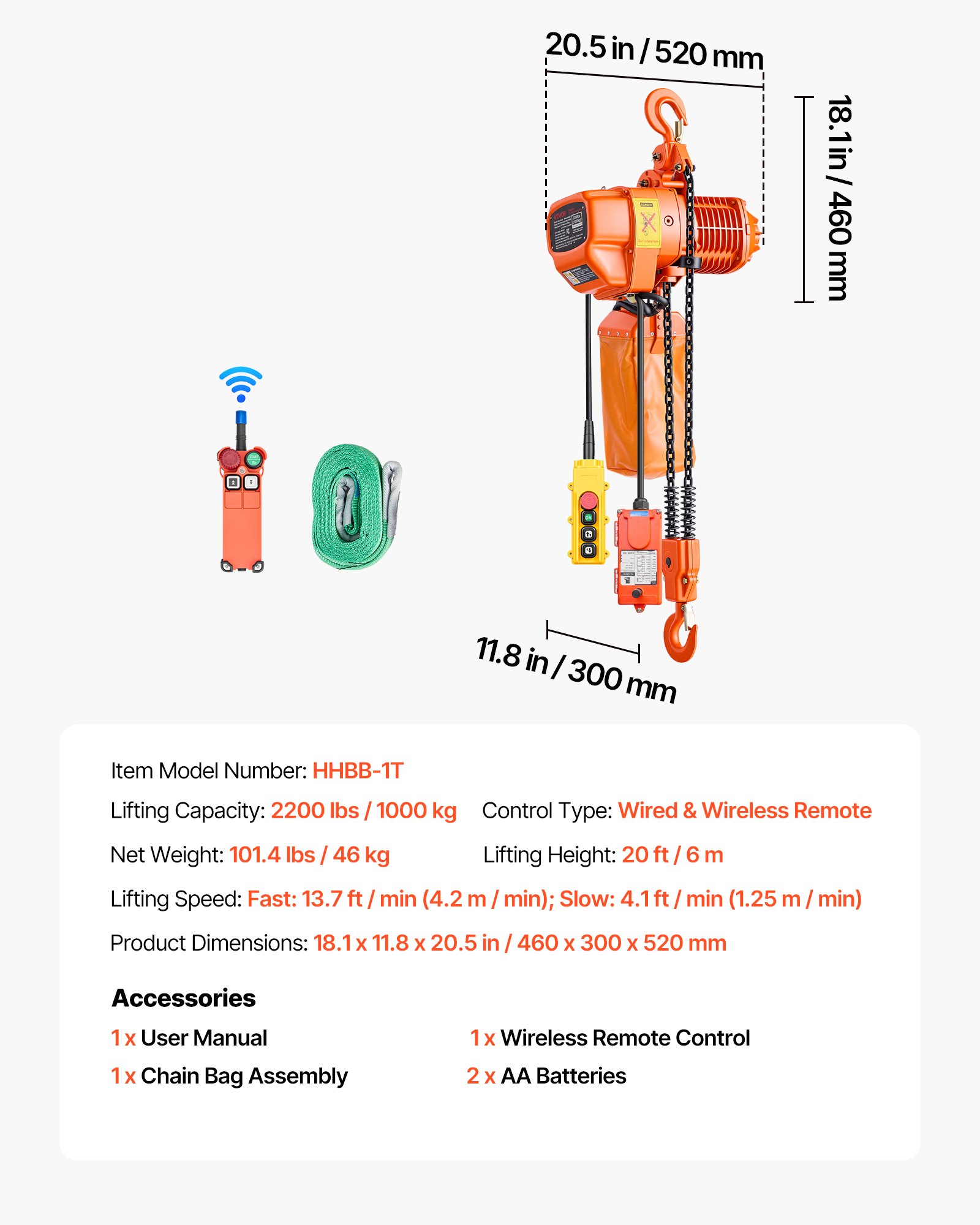 VEVOR Polipasto Eléctrico de Cadena Carga 1000 kg, Elevación de 6 m, Trifásico 480 V, 60 Hz, Doble Velocidad 1,2 y 4,2 m/min, Control Remoto por Cable e Inalámbrico, Acero G80 para Motor Garaje Taller