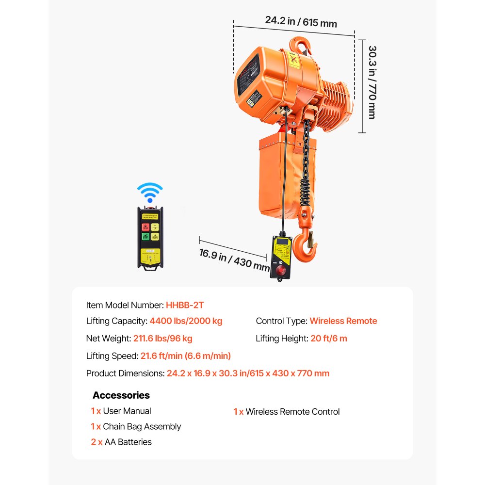 VEVOR Polipasto Eléctrico de Cadena Carga 2000 kg, Trifásico 380-415 V, 50Hz, Elevación de 6m, Cadena G100, Velocidad 6,6 m/min con Control Remoto Inalámbrico 100 m para Motor Garaje Reparación Taller