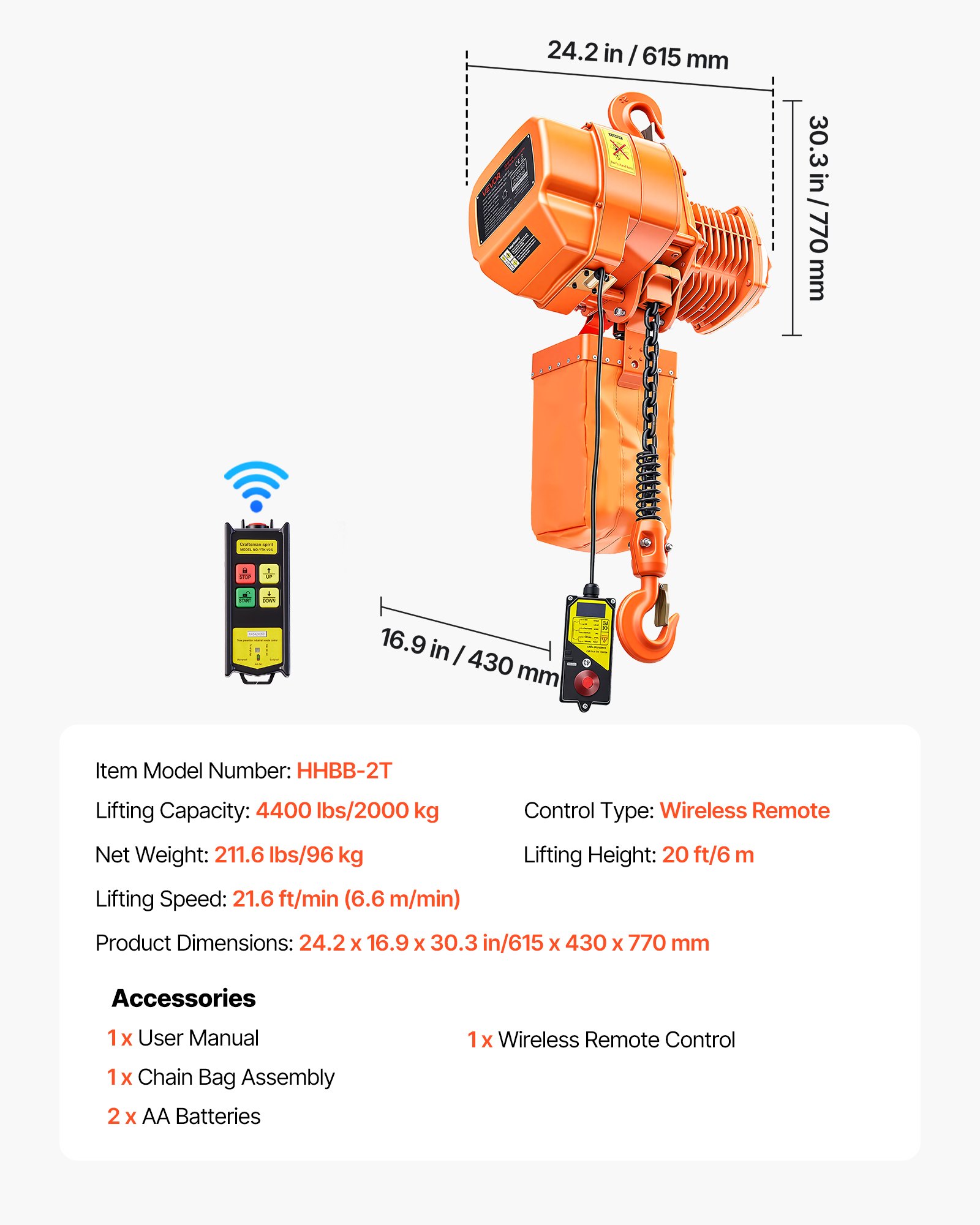 VEVOR Polipasto Eléctrico de Cadena Carga 2000 kg, Trifásico 380-415 V, 50Hz, Elevación de 6m, Cadena G100, Velocidad 6,6 m/min con Control Remoto Inalámbrico 100 m para Motor Garaje Reparación Taller