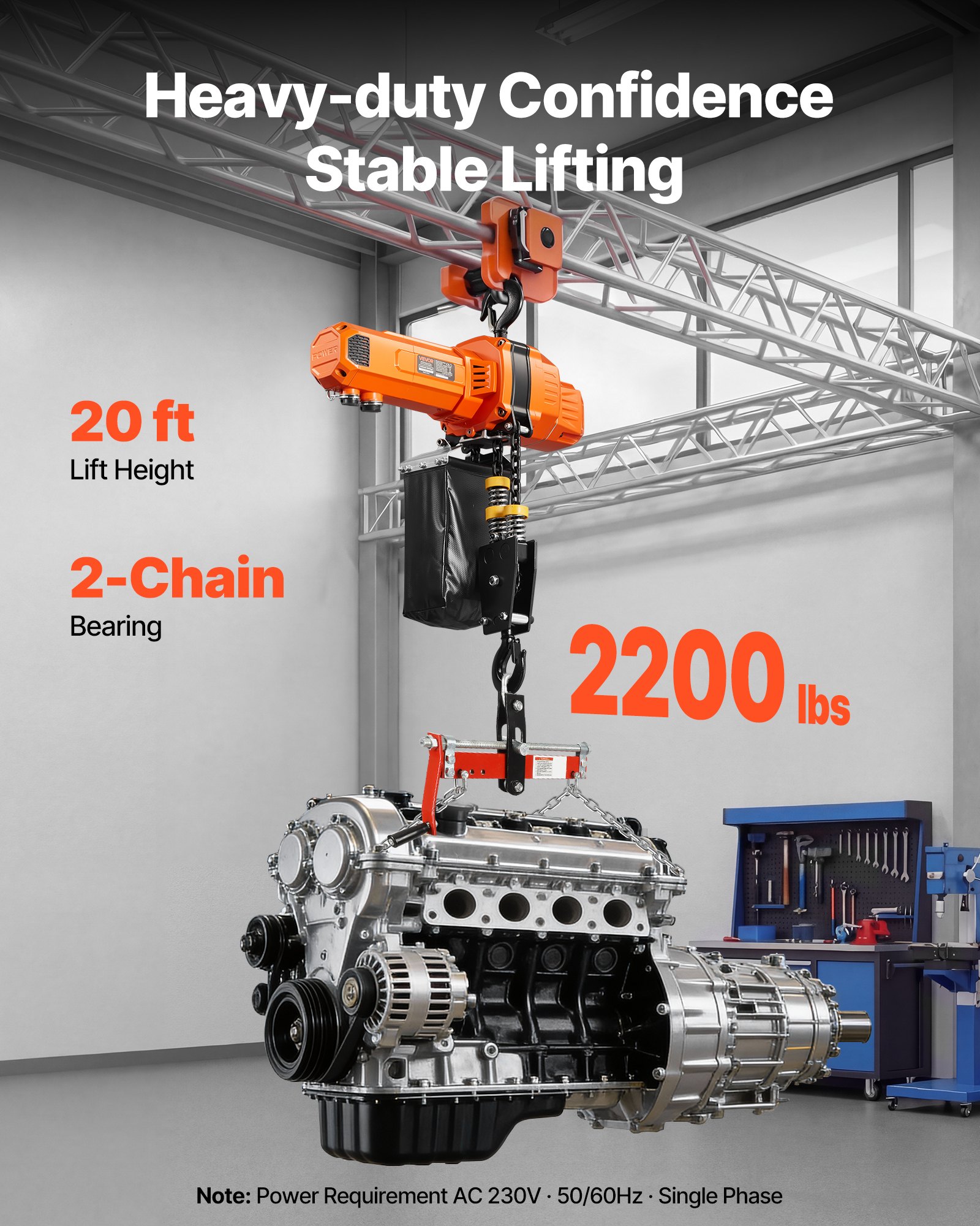 VEVOR Polipasto Eléctrico de Cadena Carga 1000 kg 230 V Altura de Elevación de 6 m, Doble Cadenas, 2 Velocidades 4 m/min y 2 m/min con Control Remoto por Cable 4,5m para Garaje Taller Motor Reparación