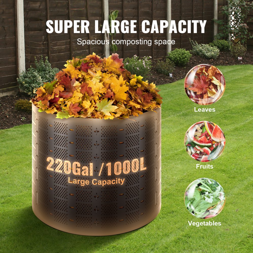 VEVOR Compostador de Jardín 1000 L Contenedor de Abono Exterior HDPE Expandible Diámetro de 106,68 cm Fácil de Instalar Gran Capacidad para Agarrar Hojas Compostaje Creación Rápida de Suelo Fértil