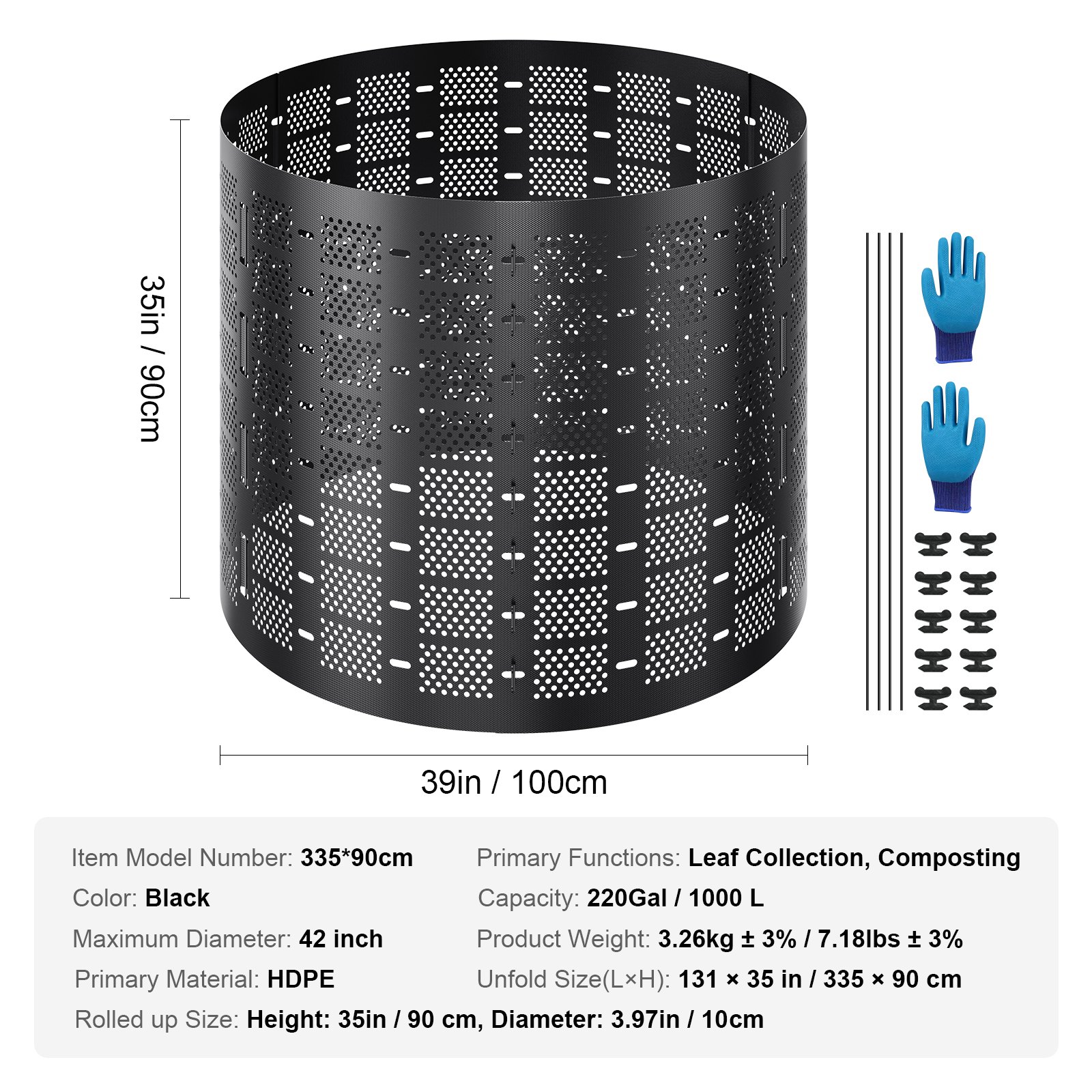 VEVOR Compostador de Jardín 1000 L Contenedor de Abono Exterior HDPE Expandible Diámetro de 106,68 cm Fácil de Instalar Gran Capacidad para Agarrar Hojas Compostaje Creación Rápida de Suelo Fértil