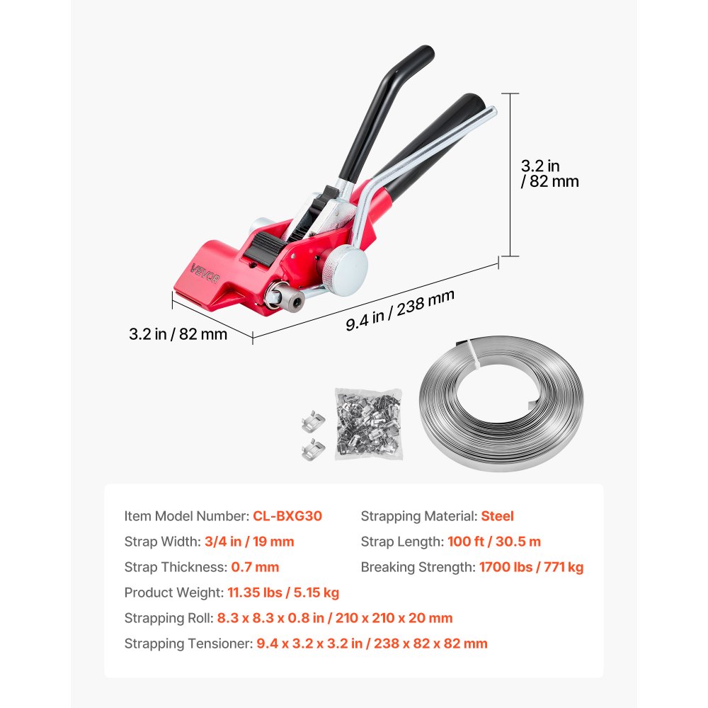 VEVOR Juego de Flejado Manual con Fleje de Acero de 30,5 m y 100 Cierres Metálicos, Herramienta de Flejado para Embalaje, Kit Completo para Almacén, Mercado, Garaje, Envío, Mudanza, Hogar, Naranja