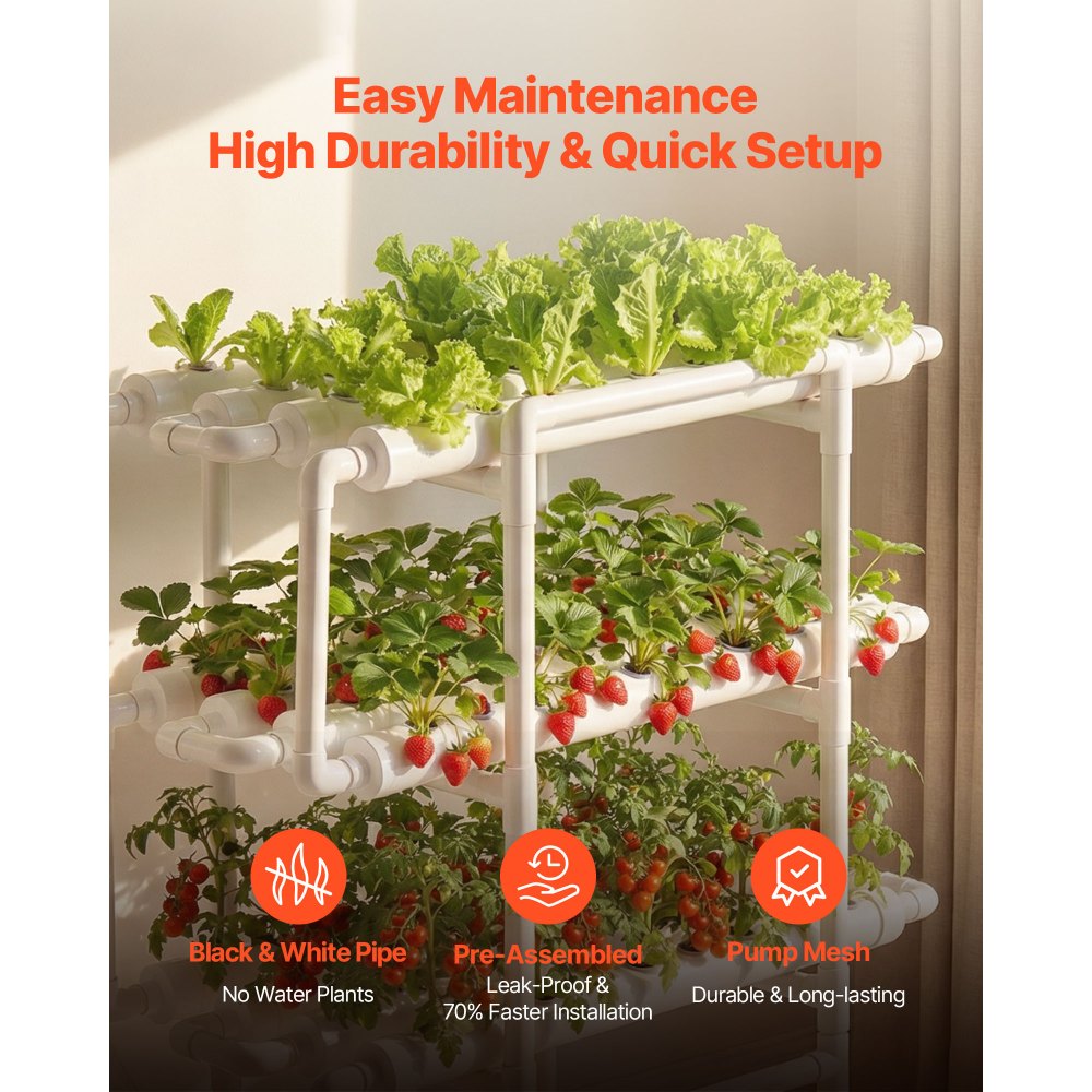 VEVOR Juego de Sistema de Cultivo Hidropónico 3 Niveles y 108 Sitios, con Riego Programado, Tuberías que Bloquean Luz y Sol, Kit de Cultivo para Hortalizas, Frutas, Hierbas sin Tierra en Interiores