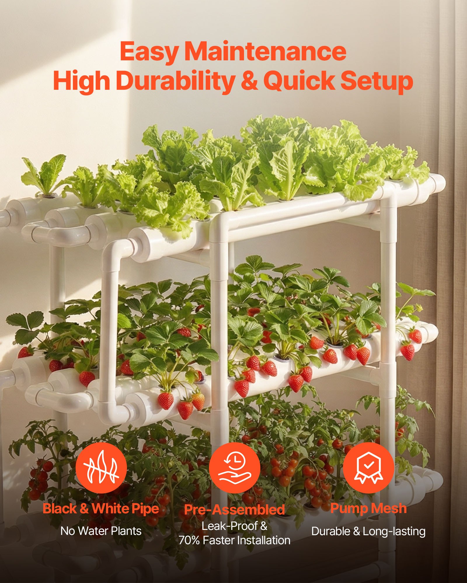 VEVOR Juego de Sistema de Cultivo Hidropónico 3 Niveles y 108 Sitios, con Riego Programado, Tuberías que Bloquean Luz y Sol, Kit de Cultivo para Hortalizas, Frutas, Hierbas sin Tierra en Interiores