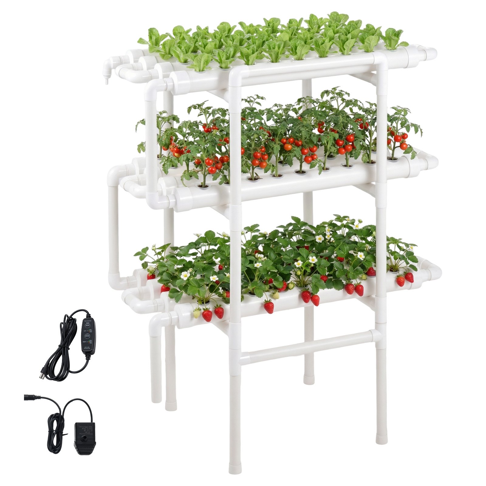 VEVOR Juego de Sistema de Cultivo Hidropónico 3 Niveles y 108 Sitios, con Riego Programado, Tuberías que Bloquean Luz y Sol, Kit de Cultivo para Hortalizas, Frutas, Hierbas sin Tierra en Interiores