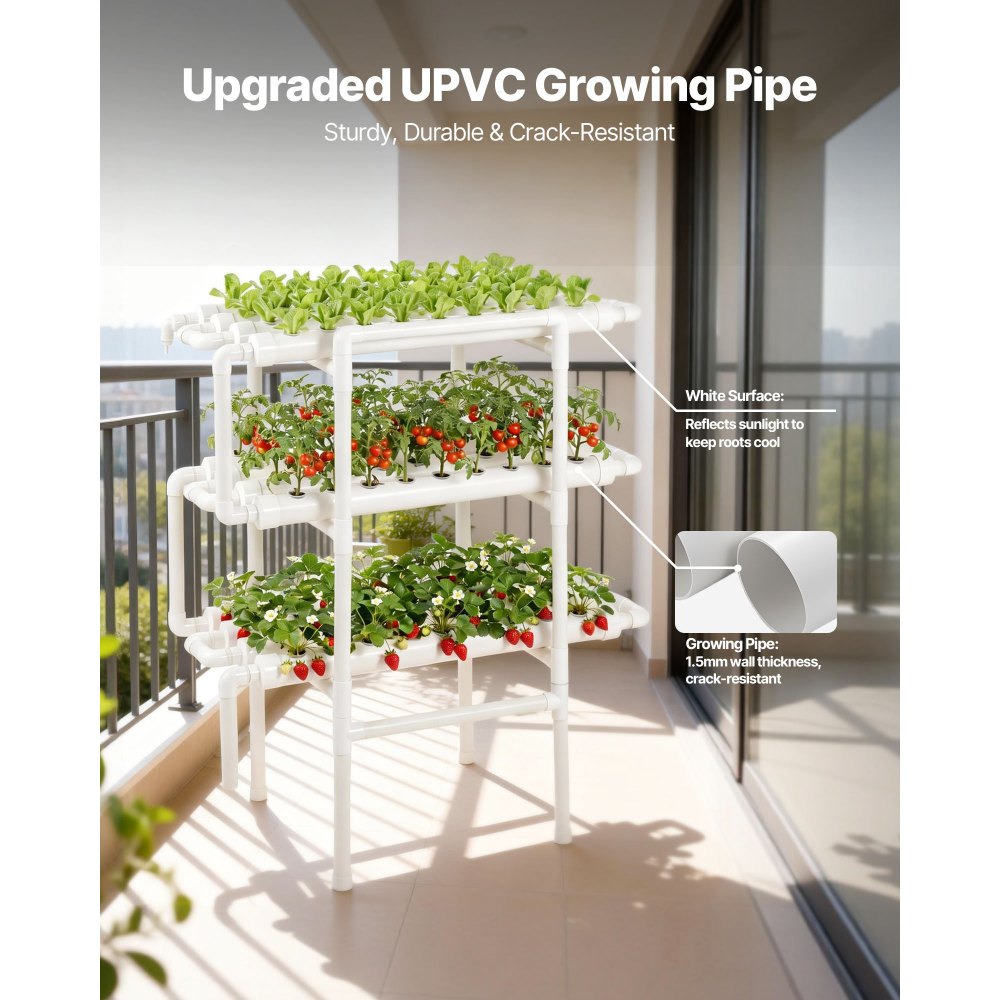 VEVOR Juego de Sistema de Cultivo Hidropónico 3 Niveles y 108 Sitios, con Riego Programado, Tubos Hidropónicos Engrosados, Kit de Cultivo para Hortalizas, Frutas, Hierbas en Interiores, Blanco