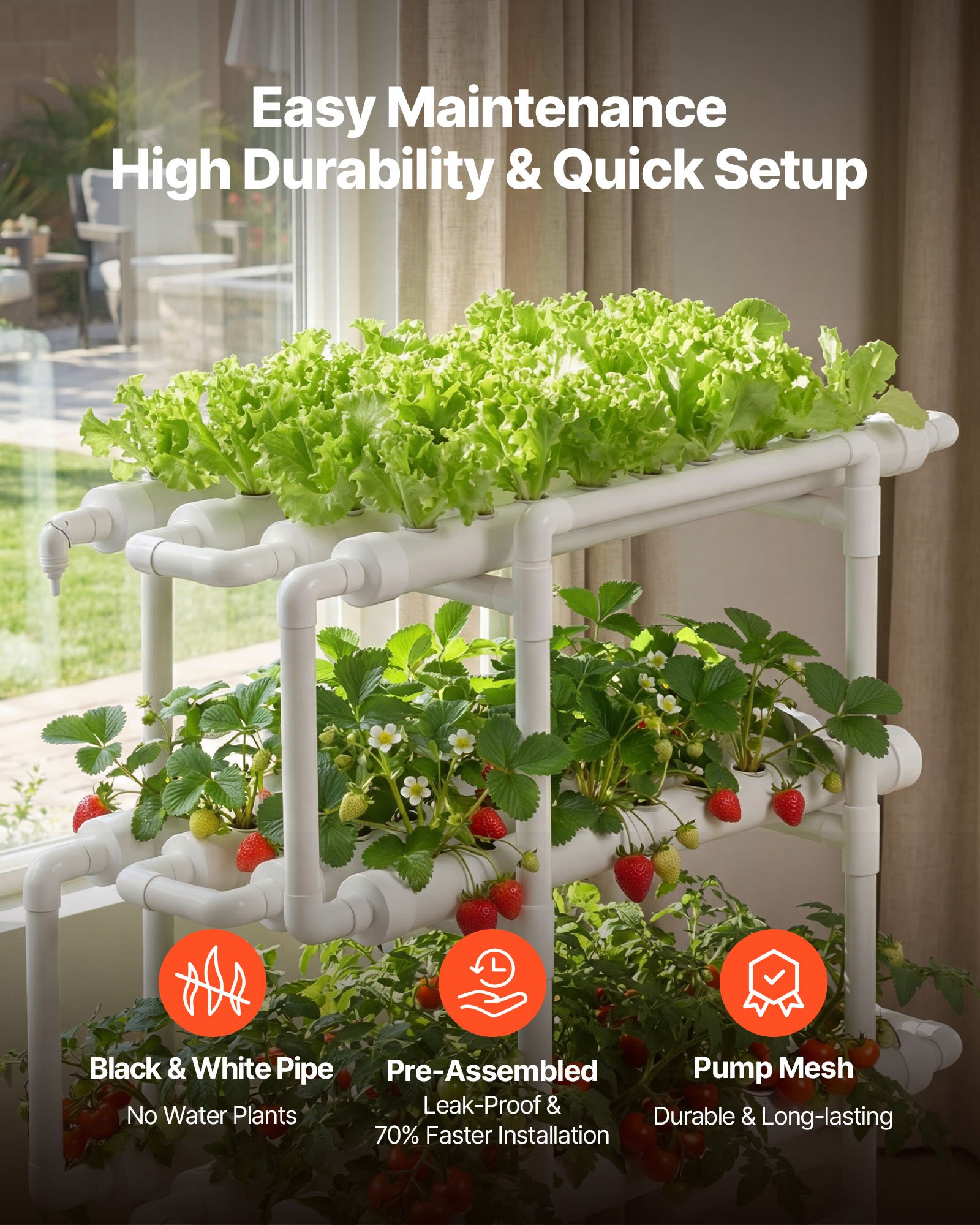 VEVOR Juego de Sistema de Cultivo Hidropónico 3 Niveles y 108 Sitios, con Riego Programado, Tubos Hidropónicos Engrosados, Kit de Cultivo para Hortalizas, Frutas, Hierbas en Interiores, Blanco