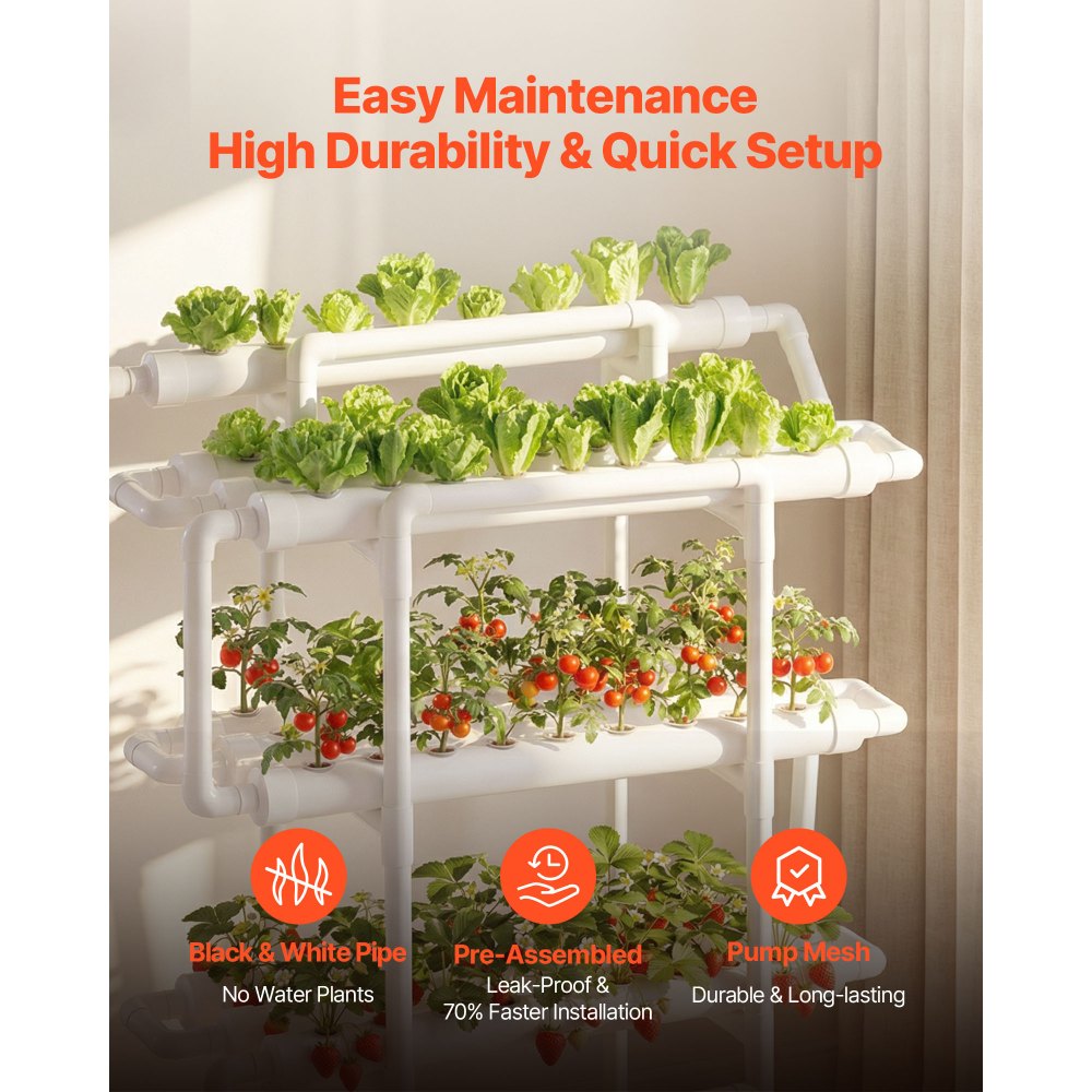 VEVOR Juego de Sistema de Cultivo Hidropónico 3 Niveles y 90 Sitios, con Riego Programado, Tuberías que Bloquean Luz y Sol, Kit de Cultivo para Hortalizas, Frutas, Hierbas sin Tierra en Interiores