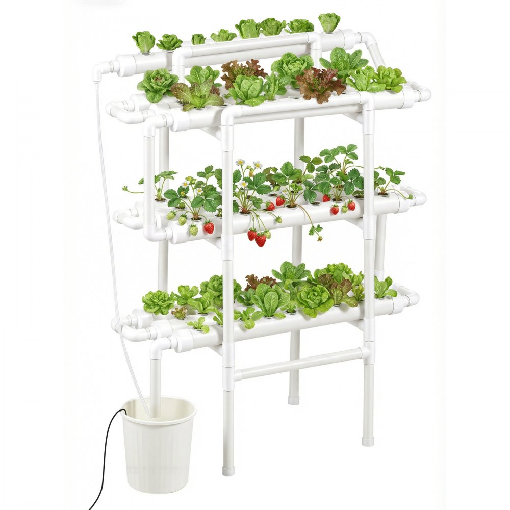 VEVOR Juego de Sistema de Cultivo Hidropónico 3 Niveles y 90 Sitios, con Riego Programado, Tuberías que Bloquean Luz y Sol, Kit de Cultivo para Hortalizas, Frutas, Hierbas sin Tierra en Interiores