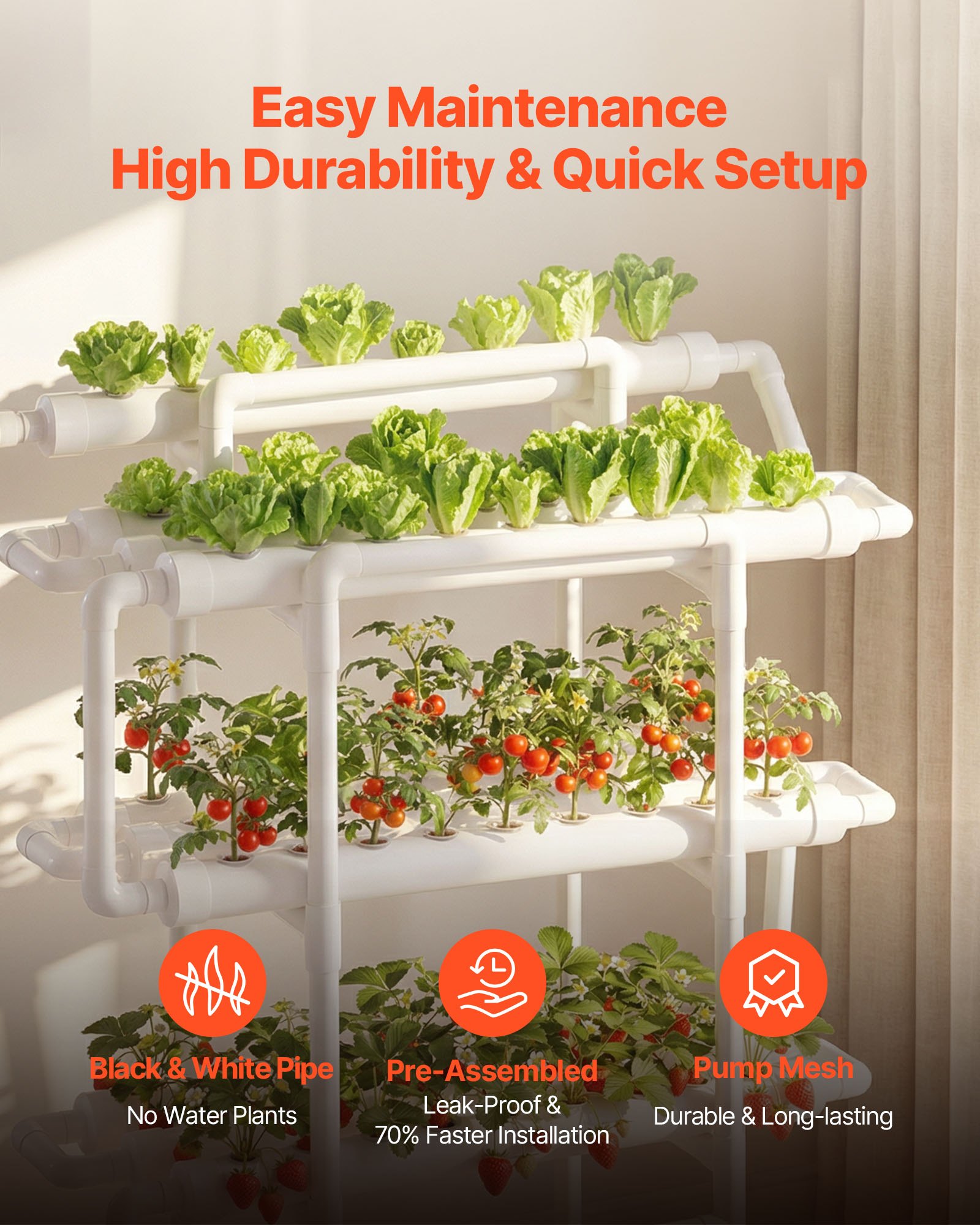 VEVOR Juego de Sistema de Cultivo Hidropónico 3 Niveles y 90 Sitios, con Riego Programado, Tuberías que Bloquean Luz y Sol, Kit de Cultivo para Hortalizas, Frutas, Hierbas sin Tierra en Interiores