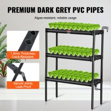 VEVOR Sistema de Cultivo Hidropónico, 108 Sitios, 3 Capas, Tubos de PVC Gris Oscuro, Kit de Cultivo Hidropónico con Bomba de Agua, Temporizador, Cestas y Esponjas para Frutas, Verduras, Hierbas