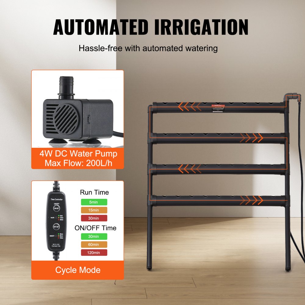 VEVOR Sistema de cultivo hidropónico, 36 sitios, 4 capas, tubos de PVC gris oscuro, kit de cultivo hidropónico con bomba de agua, temporizador, cestas y esponjas para frutas, verduras, hierbas