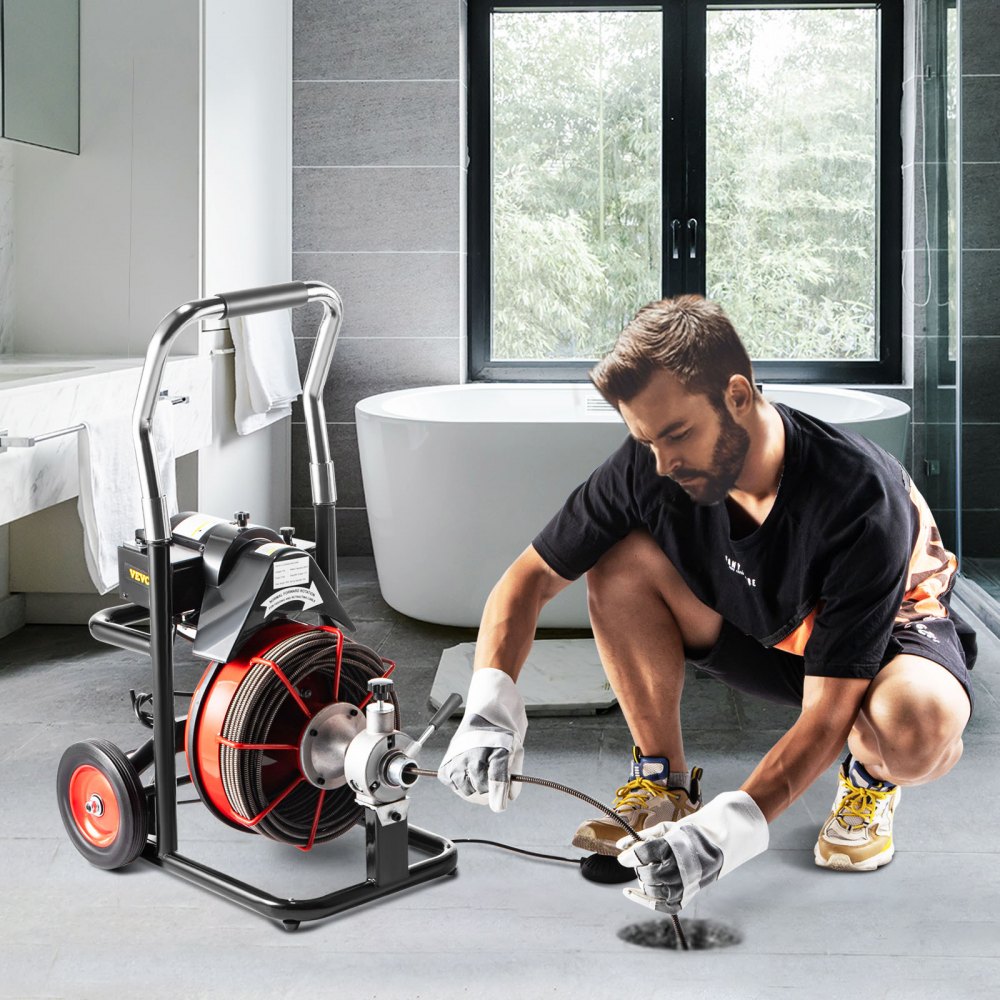 VEVOR Limpiador de Tubos de Barrena de Drenaje de 15 m x 13 mm 370W Tapa de Alcantarillado con Cortadores 1750R / min Compacto y Portátil para Navegar en la Ubicación