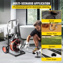 VEVOR Limpiador de Tubos de Barrena de Drenaje de 15 m x 13 mm 370W Tapa de Alcantarillado con Cortadores 1750R / min Compacto y Portátil para Navegar en la Ubicación