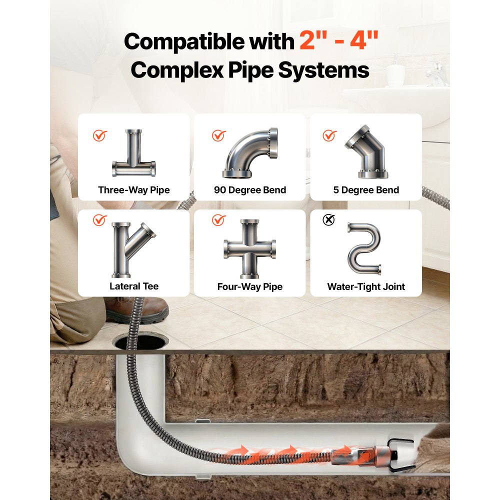 VEVOR Máquina de Limpieza de Desagües 22 m x 9,5 mm, Máquina de Limpieza de Tuberías con Alimentación Manual y Ruedas, con 4 Cortadores e Interruptor de Pedal Neumático, para Tubos de 5-10 cm