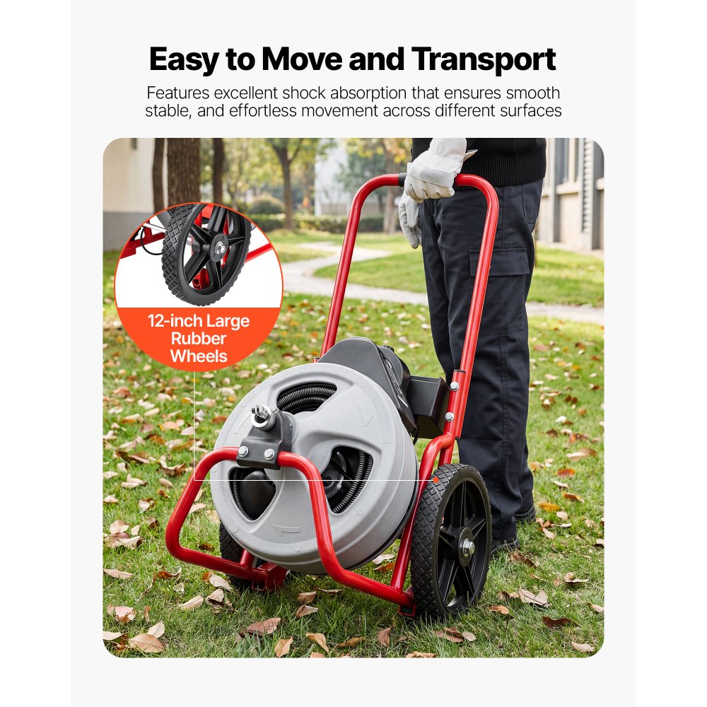 VEVOR Máquina de Limpieza de Desagües 22 m x 9,5 mm, Máquina de Limpieza de Tuberías con Alimentación Manual y Ruedas, con 4 Cortadores e Interruptor de Pedal Neumático, para Tubos de 5-10 cm