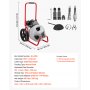 VEVOR Máquina de Limpieza de Desagües 22 m x 9,5 mm, Máquina de Limpieza de Tuberías con Alimentación Manual y Ruedas, con 4 Cortadores e Interruptor de Pedal Neumático, para Tubos de 5-10 cm