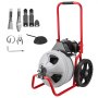 VEVOR Máquina de Limpieza de Desagües 22 m x 9,5 mm, Máquina de Limpieza de Tuberías con Alimentación Manual y Ruedas, con 4 Cortadores e Interruptor de Pedal Neumático, para Tubos de 5-10 cm