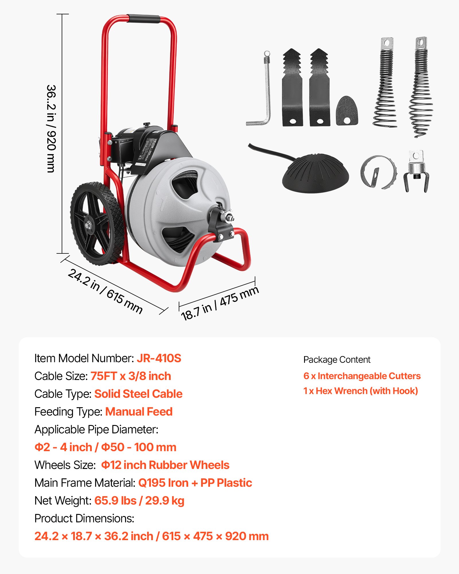 VEVOR Máquina de Limpieza de Desagües 22 m x 9,5 mm, Máquina de Limpieza de Tuberías con Alimentación Manual y Ruedas, con 4 Cortadores e Interruptor de Pedal Neumático, para Tubos de 5-10 cm