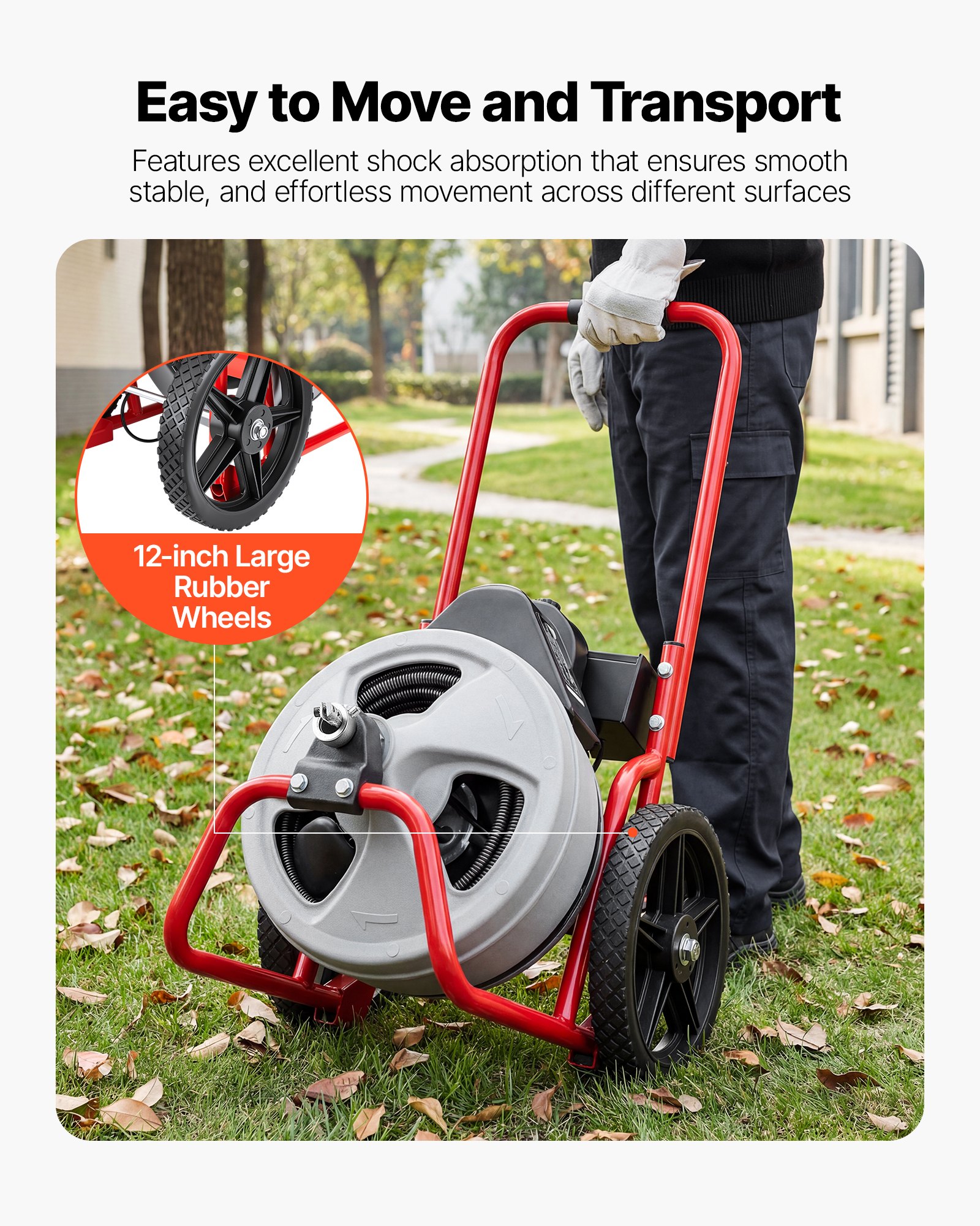 VEVOR Máquina de Limpieza de Desagües 22 m x 9,5 mm, Máquina de Limpieza de Tuberías con Alimentación Manual y Ruedas, con 4 Cortadores e Interruptor de Pedal Neumático, para Tubos de 5-10 cm