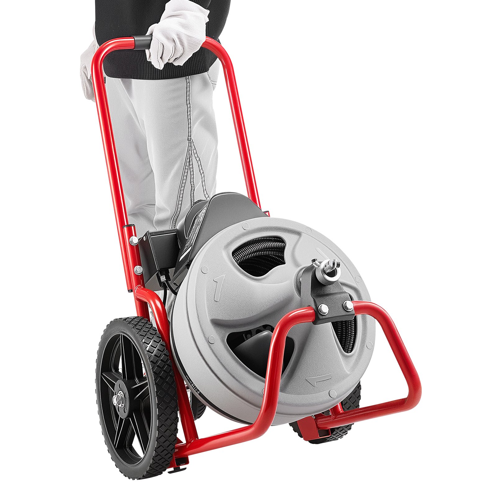 VEVOR Máquina de Limpieza de Desagües 22 m x 9,5 mm, Máquina de Limpieza de Tuberías con Alimentación Manual y Ruedas, con 4 Cortadores e Interruptor de Pedal Neumático, para Tubos de 5-10 cm