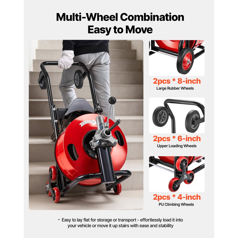 VEVOR Máquina de Limpieza de Desagües 30 m x 19 mm, Máquina de Limpieza de Tuberías con Alimentación Automática y Ruedas Combinadas, con 6 Cortadores y Pedal Neumático, para Tubos de 100 a 200 mm