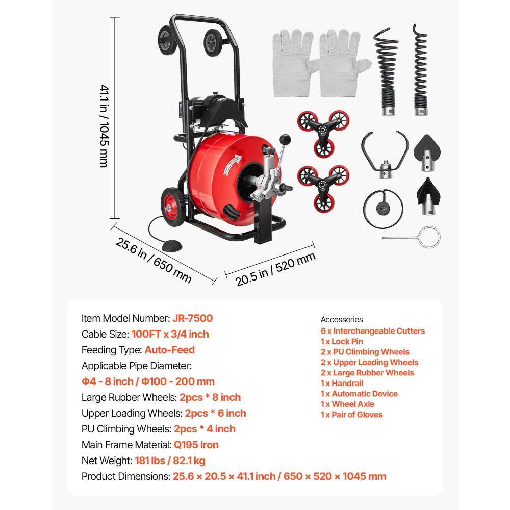 VEVOR Máquina de Limpieza de Desagües 30 m x 19 mm, Máquina de Limpieza de Tuberías con Alimentación Automática y Ruedas Combinadas, con 6 Cortadores y Pedal Neumático, para Tubos de 100 a 200 mm
