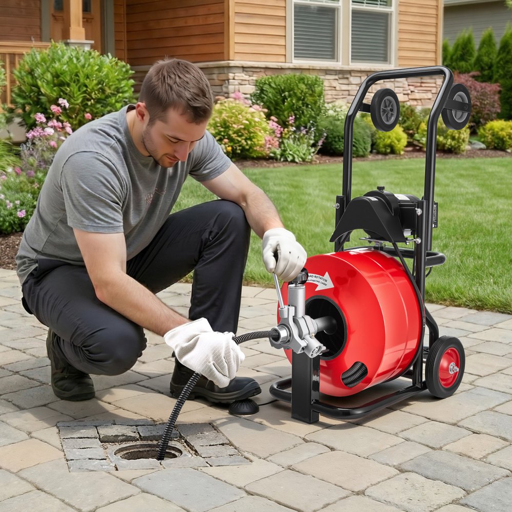 VEVOR Máquina de Limpieza de Desagües 30 m x 19 mm, Máquina de Limpieza de Tuberías con Alimentación Automática y Ruedas Combinadas, con 6 Cortadores y Pedal Neumático, para Tubos de 100 a 200 mm