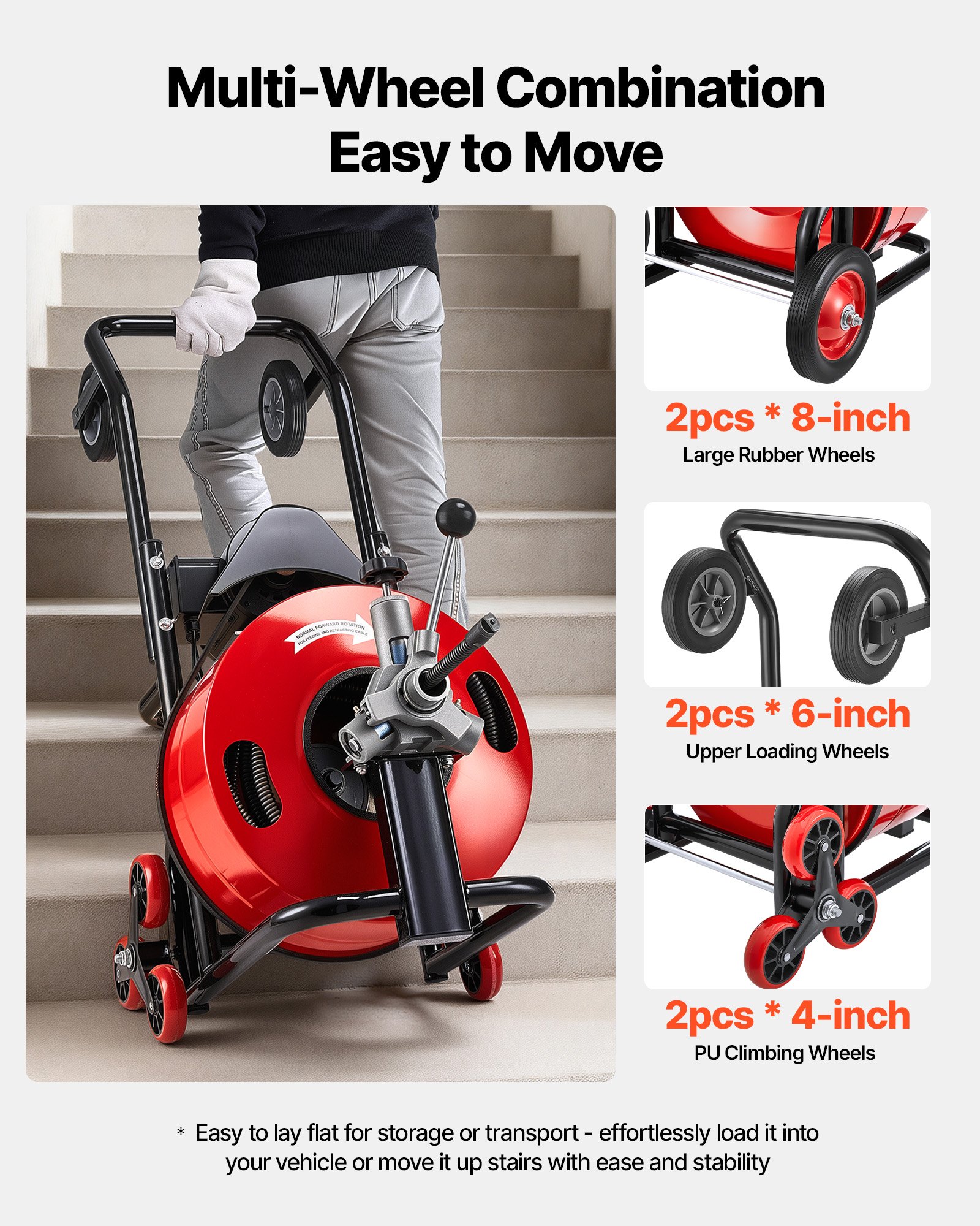 VEVOR Máquina de Limpieza de Desagües 30 m x 19 mm, Máquina de Limpieza de Tuberías con Alimentación Automática y Ruedas Combinadas, con 6 Cortadores y Pedal Neumático, para Tubos de 100 a 200 mm
