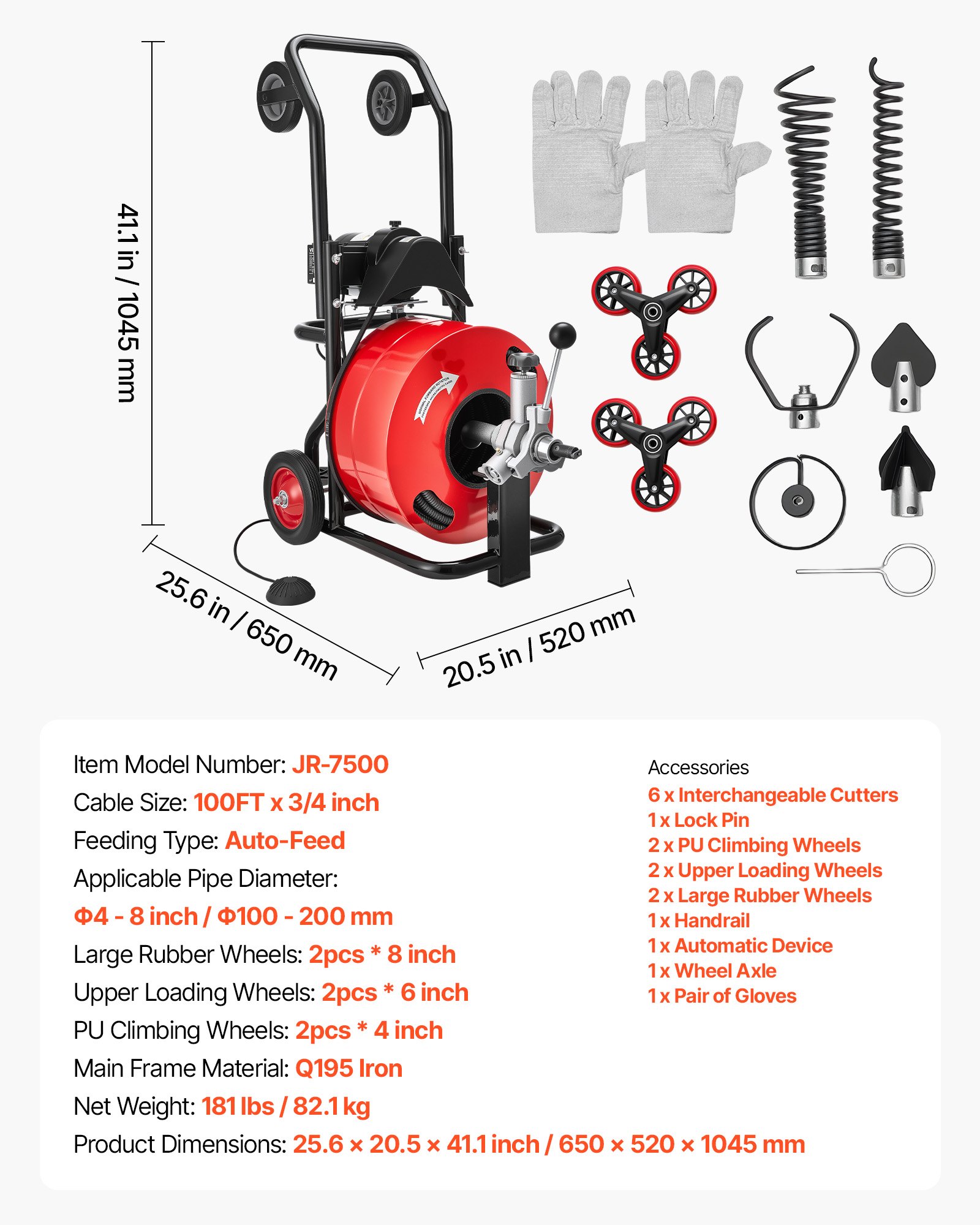 VEVOR Máquina de Limpieza de Desagües 30 m x 19 mm, Máquina de Limpieza de Tuberías con Alimentación Automática y Ruedas Combinadas, con 6 Cortadores y Pedal Neumático, para Tubos de 100 a 200 mm