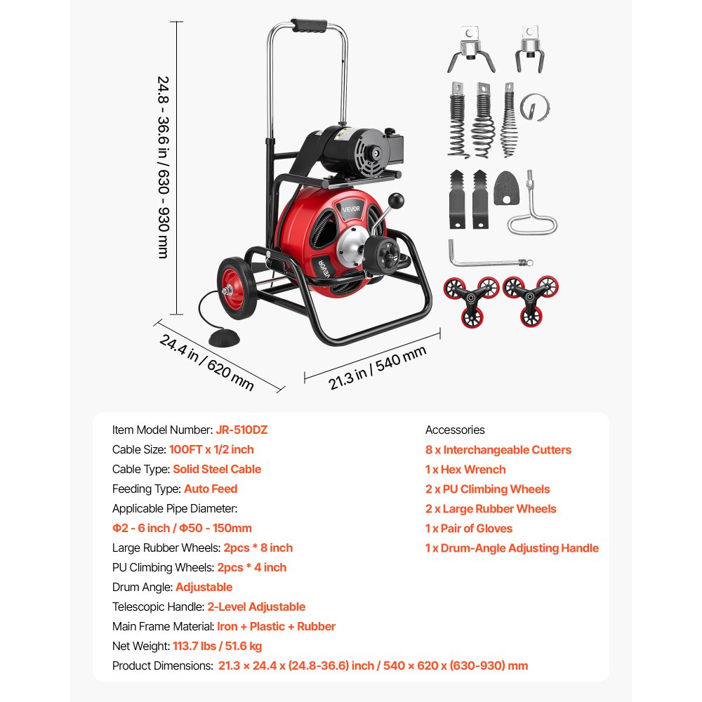 VEVOR Máquina de Limpieza de Desagües 30 m x 12,7 mm, Máquina de Limpieza de Tuberías con Alimentación Automática y Ruedas, Tambor Ajustable, 8 Cortadores y Pedal Neumático, para Tubos de 50-150 mm