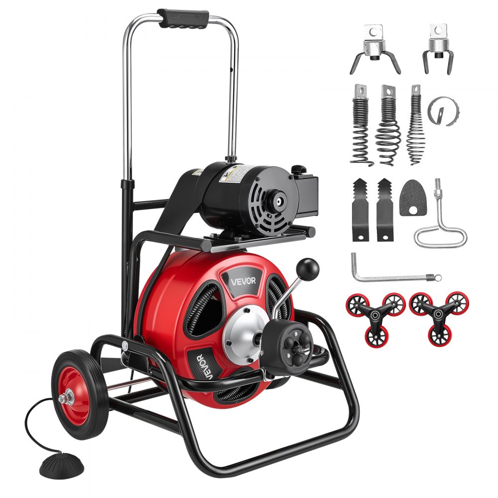 VEVOR Máquina de Limpieza de Desagües 30 m x 12,7 mm, Máquina de Limpieza de Tuberías con Alimentación Automática y Ruedas, Tambor Ajustable, 8 Cortadores y Pedal Neumático, para Tubos de 50-150 mm