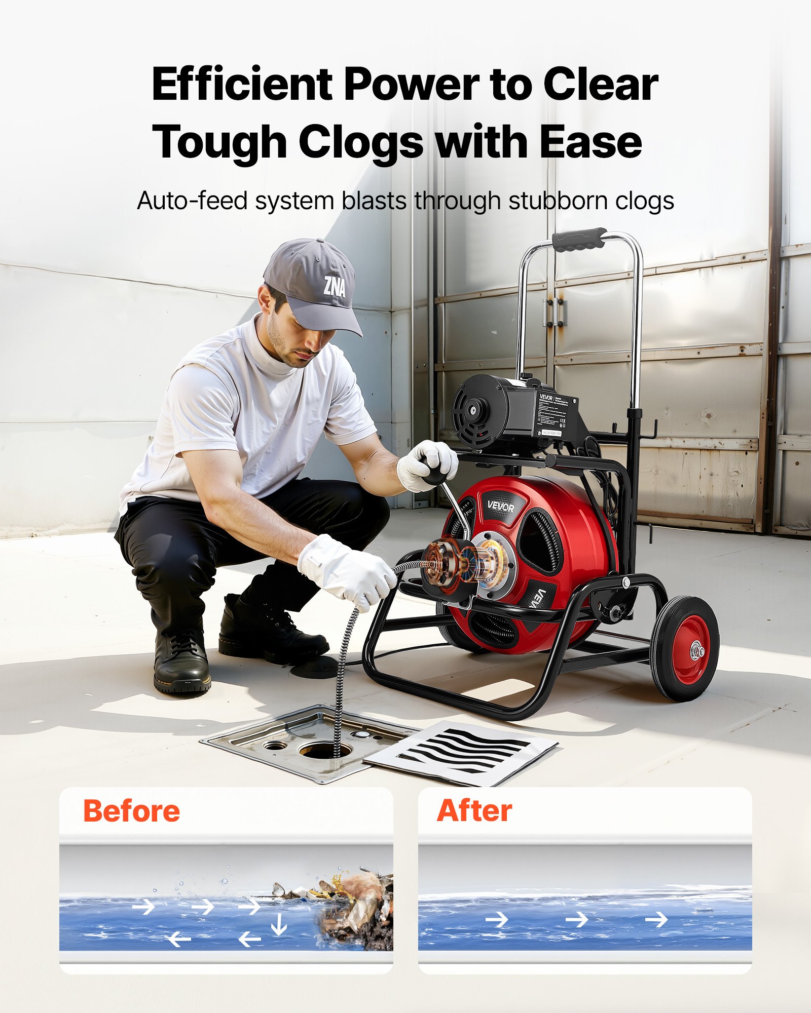 VEVOR Máquina de Limpieza de Desagües 30 m x 12,7 mm, Máquina de Limpieza de Tuberías con Alimentación Automática y Ruedas, Tambor Ajustable, 8 Cortadores y Pedal Neumático, para Tubos de 50-150 mm