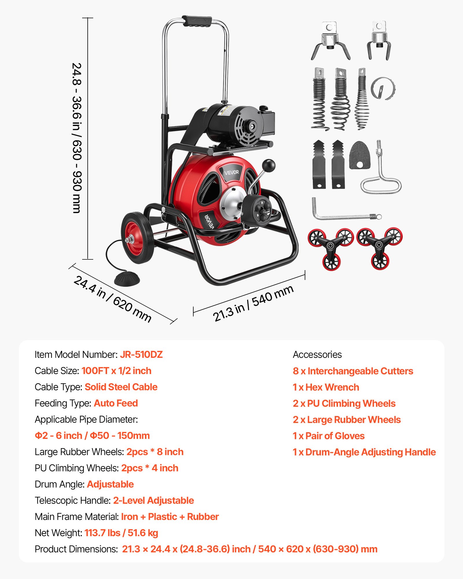 VEVOR Máquina de Limpieza de Desagües 30 m x 12,7 mm, Máquina de Limpieza de Tuberías con Alimentación Automática y Ruedas, Tambor Ajustable, 8 Cortadores y Pedal Neumático, para Tubos de 50-150 mm