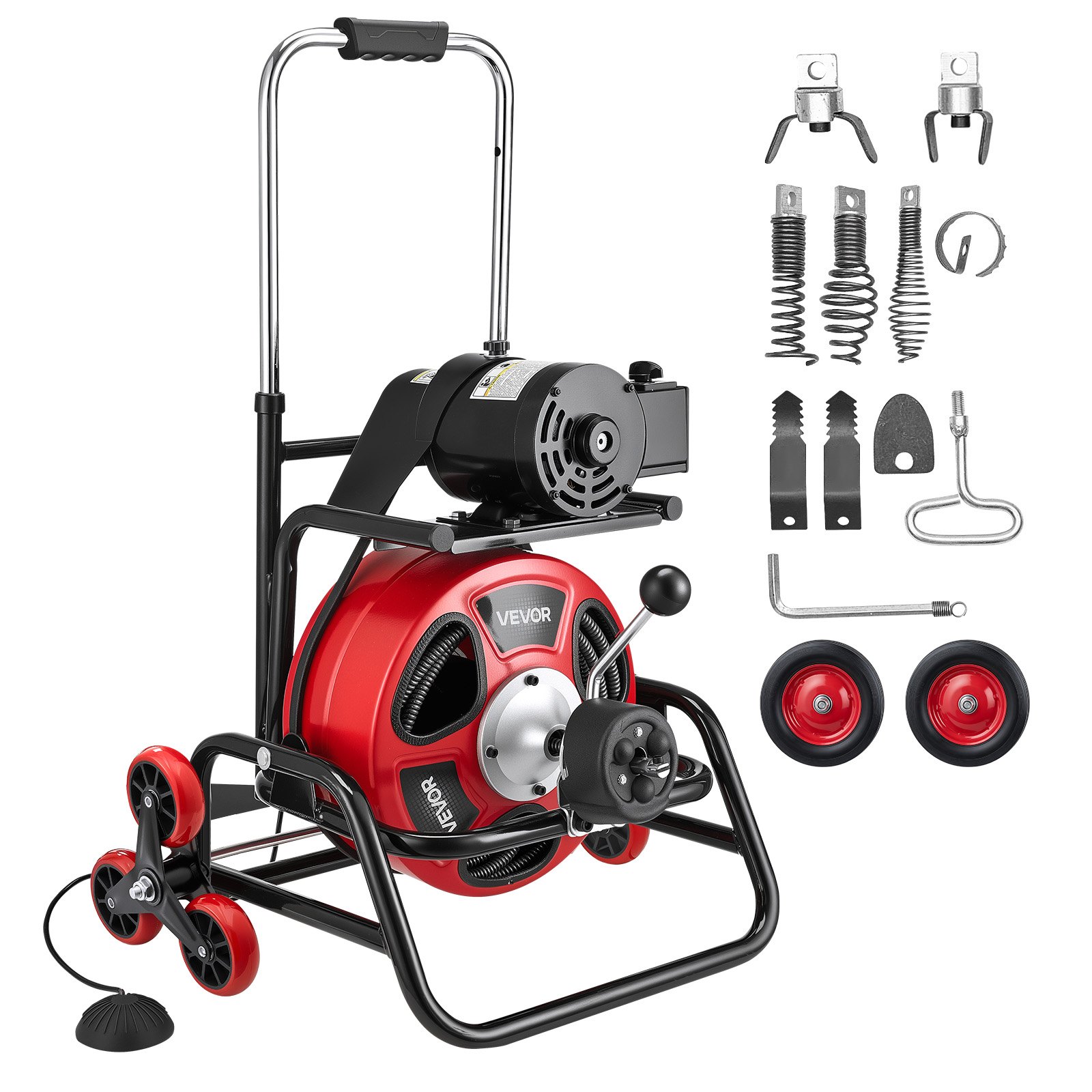 VEVOR Máquina de Limpieza de Desagües 30 m x 12,7 mm, Máquina de Limpieza de Tuberías con Alimentación Automática y Ruedas, Tambor Ajustable, 8 Cortadores y Pedal Neumático, para Tubos de 50-150 mm